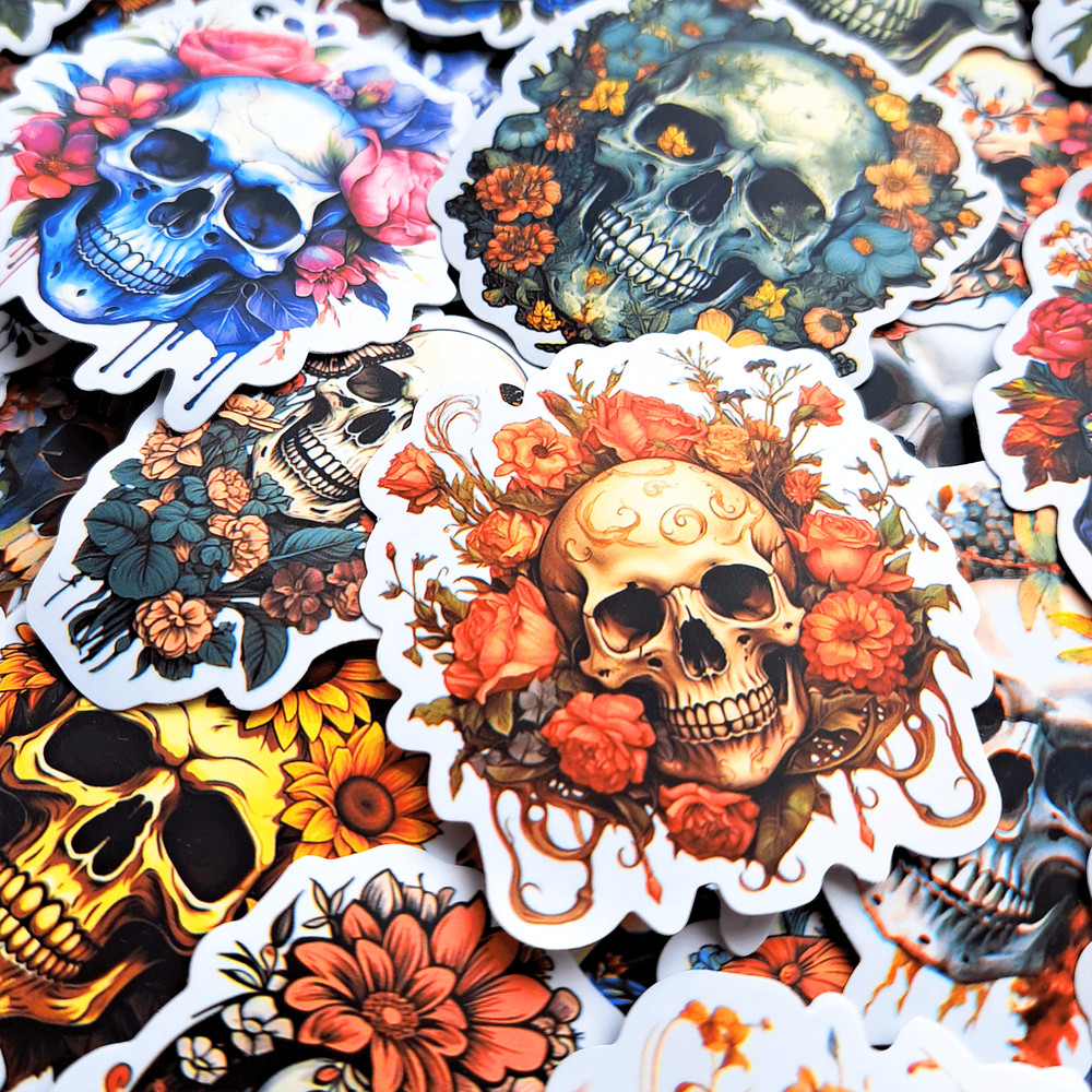 50 PCS Flower Skeleton Sticker Pack Floral Skull Stickers Skeleton Plant Stickers Gothic Flower Sti