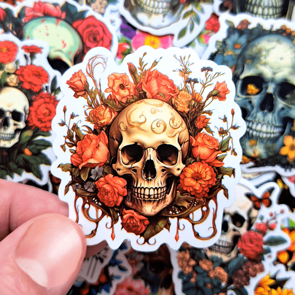 50 PCS Flower Skeleton Sticker Pack Floral Skull Stickers Skeleton Plant Stickers Gothic Flower Sti