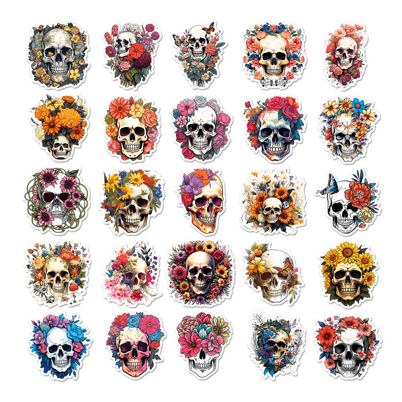 50 PCS Flower Skeleton Sticker Pack Floral Skull Stickers Skeleton Plant Stickers Gothic Flower Sti