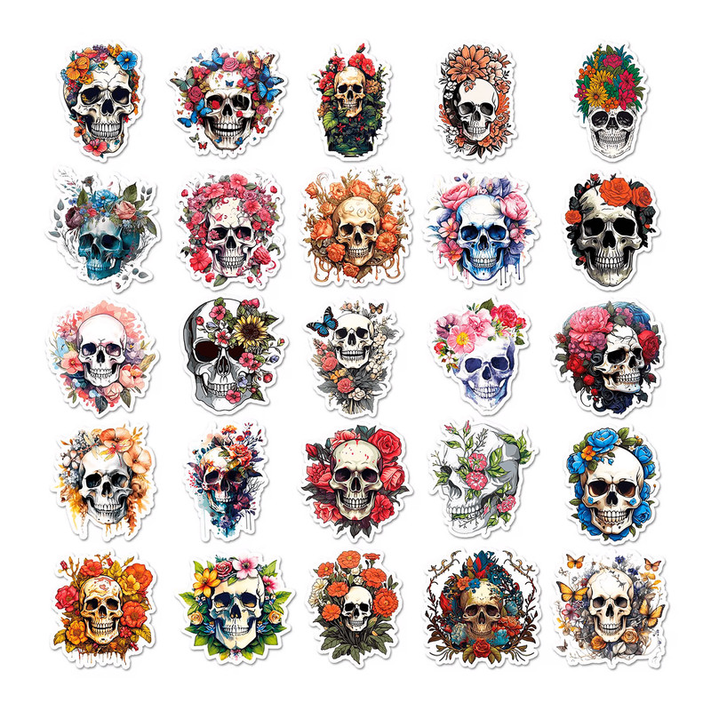 50 PCS Flower Skeleton Sticker Pack Floral Skull Stickers Skeleton Plant Stickers Gothic Flower Sti