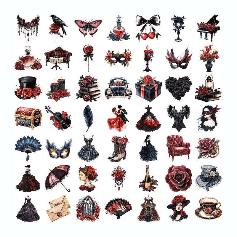 50 PCS Masquerade Costume Sticker Pack Medieval Stickers Masquerade Mask Stickers Gothic Dark Trans 3