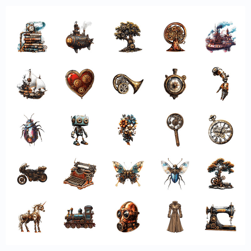 50 PCS Steampunk Fussy Sticker Pack Industrial Steampunk Stickers Fantasy Stickers Mechanical Stick 3