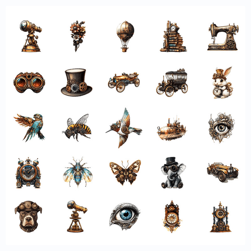 50 PCS Steampunk Fussy Sticker Pack Industrial Steampunk Stickers Fantasy Stickers Mechanical Stick 4