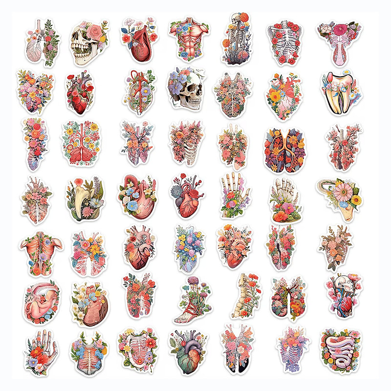50 PCS Anatomy Floral Sticker Pack Human Body Stickers Floral Organs Anatomy Skeleton Stickers Medi 3
