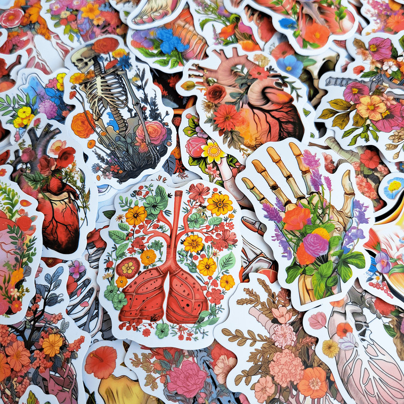 50 PCS Anatomy Floral Sticker Pack Human Body Stickers Floral Organs Anatomy Skeleton Stickers Medi 2