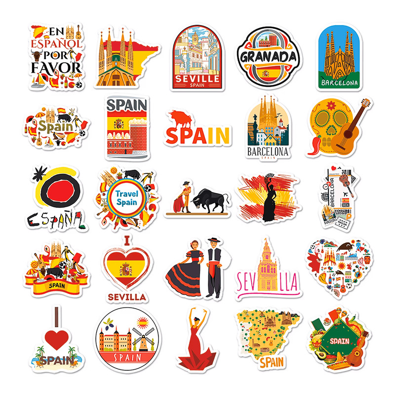 50 PCS Spanish Culture Sticker Pack Spanish Traditional Stickers Spain Travel Stickers Spanish Food 3