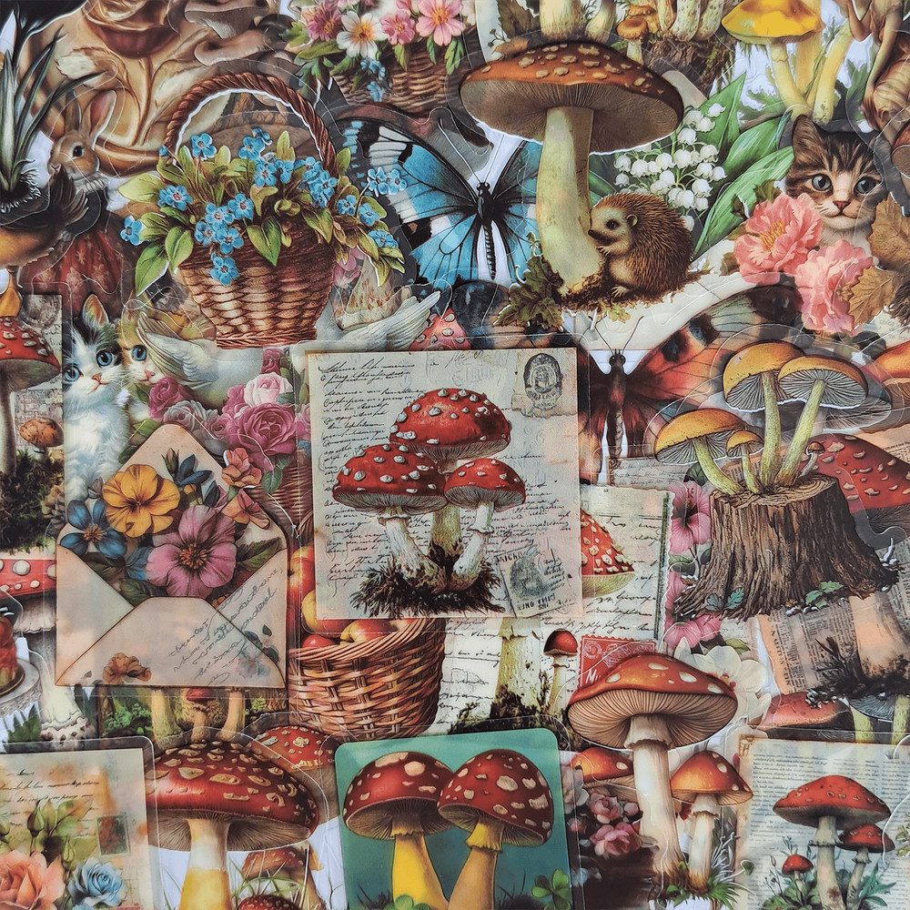 50 PCS Vintage Mushroom Sticker Pack Fairycore Ephemera Transparent Stickers Retro Style Forest Sti 0