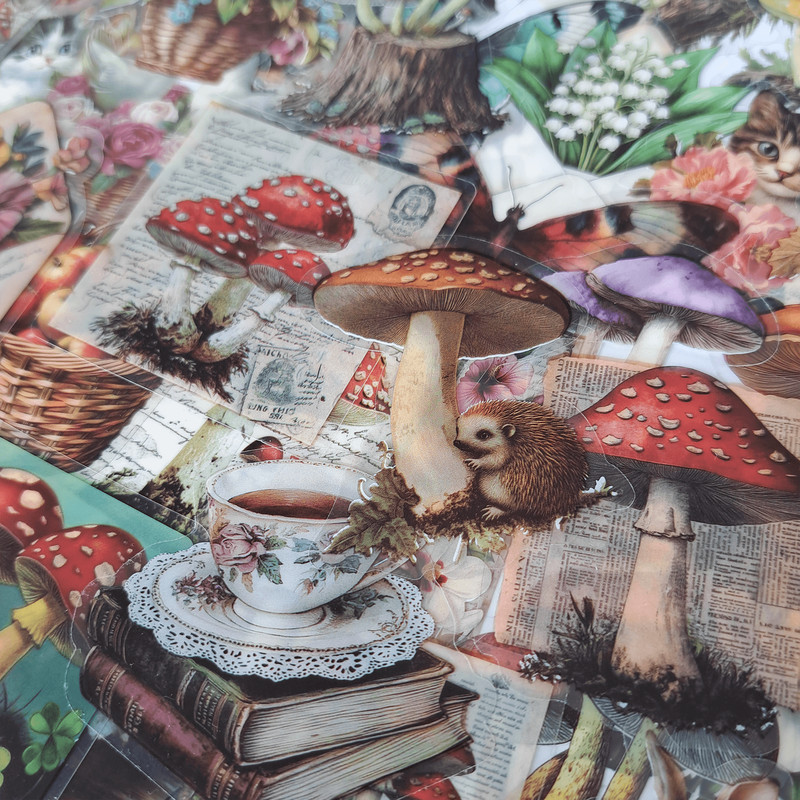 50 PCS Vintage Mushroom Sticker Pack Fairycore Ephemera Transparent Stickers Retro Style Forest Sti 1