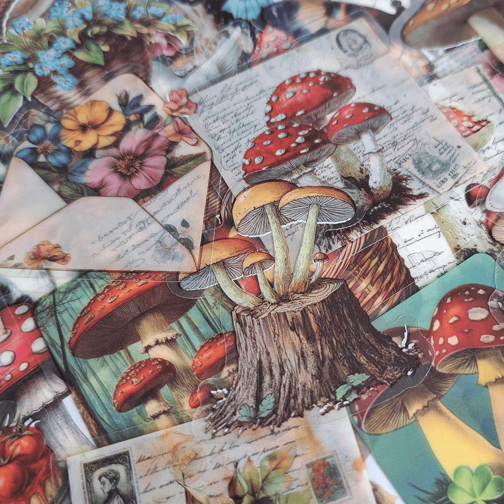 50 PCS Vintage Mushroom Sticker Pack Fairycore Ephemera Transparent Stickers Retro Style Forest Sti 2