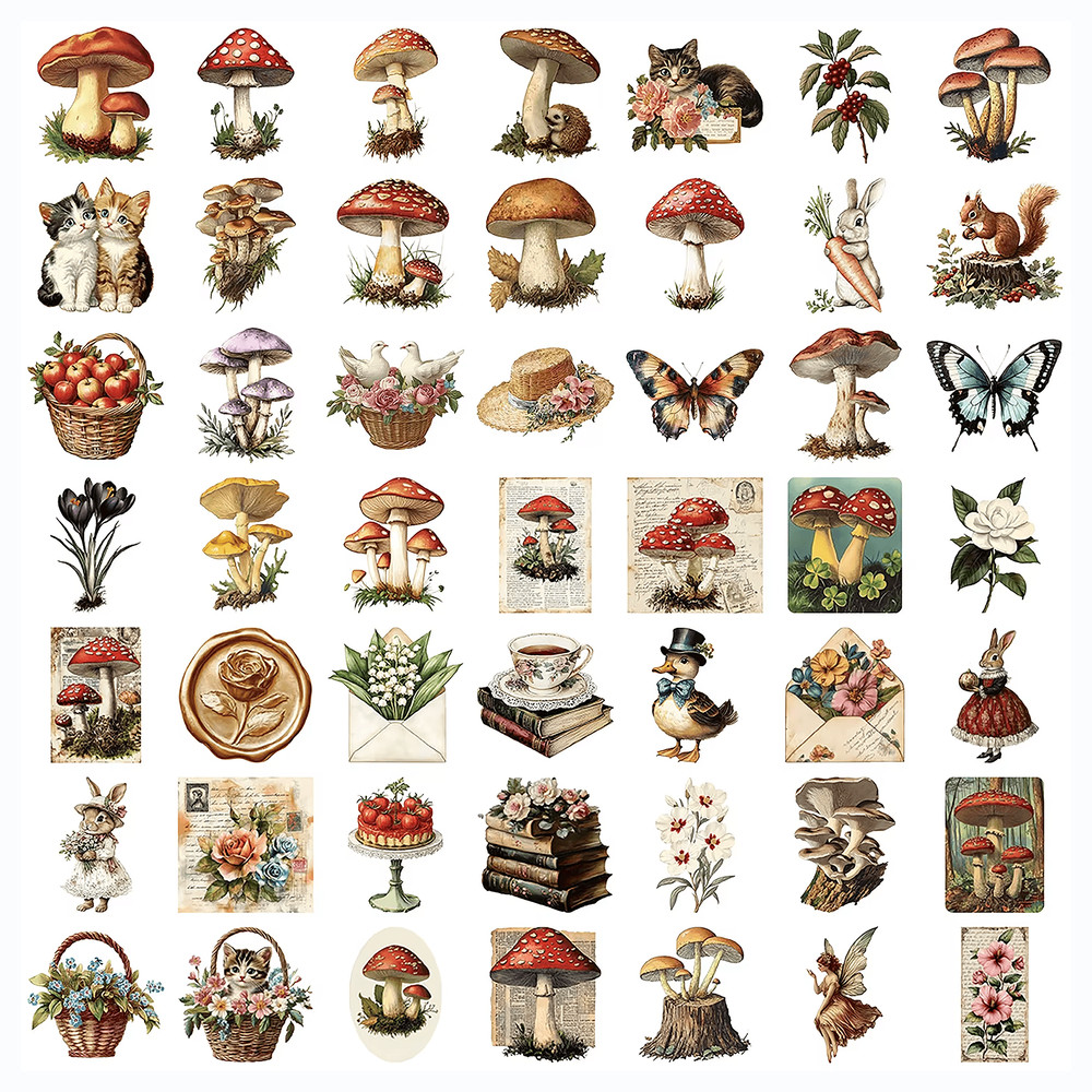 50 PCS Vintage Mushroom Sticker Pack Fairycore Ephemera Transparent Stickers Retro Style Forest Sti 3