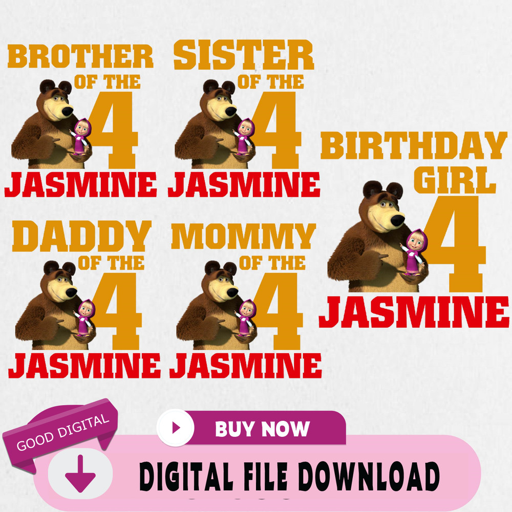 Masha And Bear Birthday Png, Custom Family Matching Png, Kids Party Png, Personalized Name and Age Png.jpg