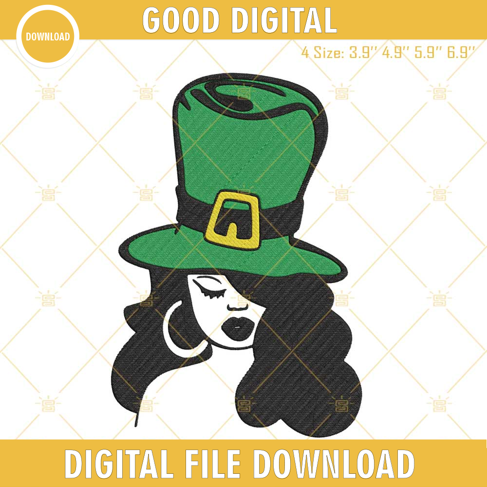 Afro Woman Leprechaun Hat Embroidery Design, St Patricks Day Black Girl Embroidery Files.jpg
