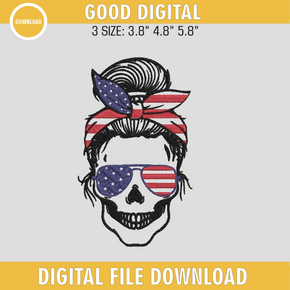 American Flag Messy Bun Skull Embroidery Designs, Momlife Skull Patriotic Embroidery Designs.jpg