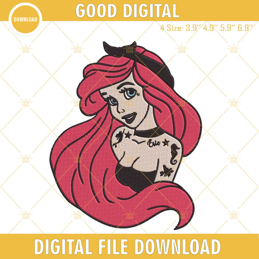 Ariel Tattoo Embroidery Designs, Punk Little Mermaid Embroidery Files.jpg