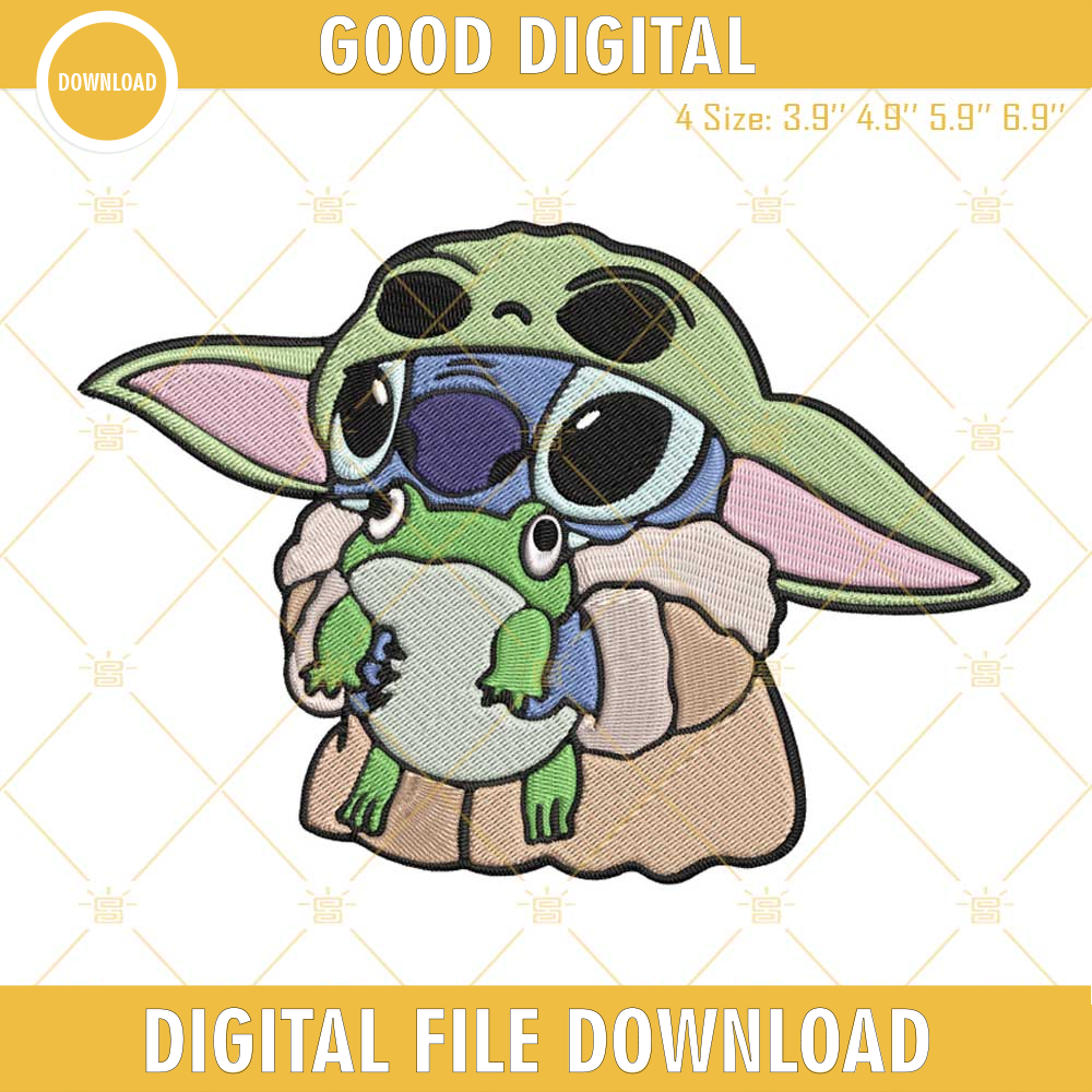 Baby Yoda Stitch Holding Frog Machine Embroidery Design File, Stitch Baby Yoda Embroidery Designs.jpg