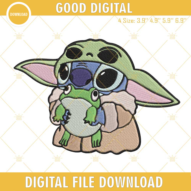 Baby Yoda Stitch Holding Frog Machine Embroidery Design File, Stitch Baby Yoda Embroidery Designs.jpg