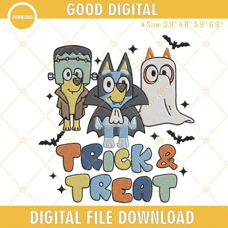 Bluey Friends Trick And Treat Embroidery Design, Bluey Halloween Embroidery File.jpg