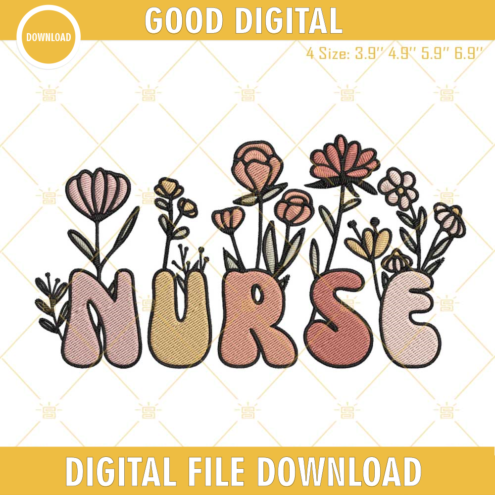 Boho Floral Nurse Embroidery Design, Retro Nurse Embroidery File.jpg
