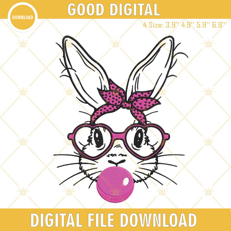 Bunny With Bandana Glasses Bubblegum Embroidery Designs, Cute Easter Embroidery Files.jpg