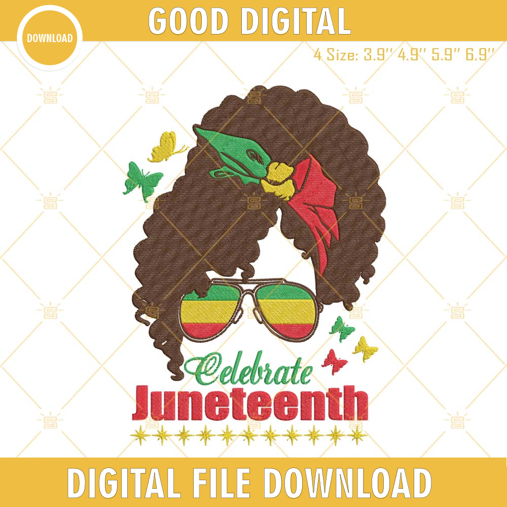 Celebrate Juneteenth Embroidery Designs, Black Woman Messy Bun Embroidery Files.jpg