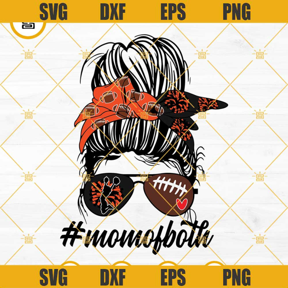 Cheer And Football MOM Of Both SVG, Black And Orange Team Colors SVG, Messy Bun Football Cheer Mom SVG.jpg