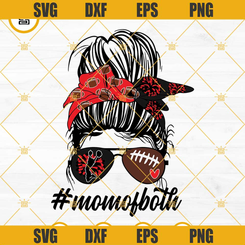 Cheer And Football MOM Of Both SVG, Black And Red Team Colors SVG, Messy Bun Football Cheer Mom SVG.jpg