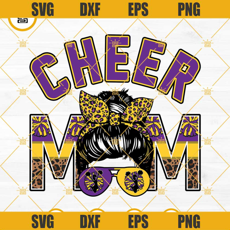 Cheer Mom Purple And Yellow Gold SVG, Leopard  Cheer Mom SVG, Messy Bun Cheer Mom SVG PNG DXF EPS Cricut.png