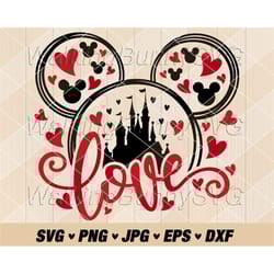 mouse ears love castle svg png, layered mouse ears hearts svg, mouse ears valentine png, svg files for cricut, instant d