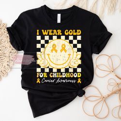 i wear gold for childhood cancer awareness smile face kids tshirt, childhood cancer support shirt, gold ribbon sweatshir