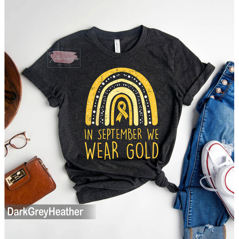 Rainbow In September We Wear Gold Childhood Cancer Awareness T-Shirt, Childhood Cancer Support Shirt, Gold Ribbon Sweatshirt.jpg