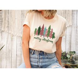 merry christmas shirt, christmas tree sweatshirt, pastel pine trees minimalist shirt, gift for her sweatshirt, cute chri