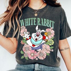 retro white rabbit floral shirt, alice in wonderland t-shirt, disney family vacation, disneyland trip