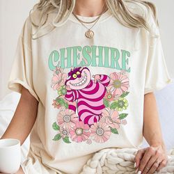 retro cheshire cat floral shirt, alice in wonderland t-shirt, disney cats, disneyland trip gift for cat lover