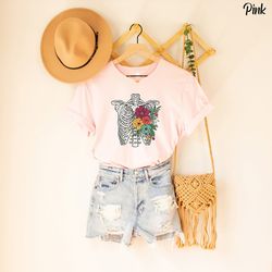 floral skull body shirt, boho shirt, beach shirt, summer shirt, birthday gift, skeleton shirt, shirt for women, inspirat