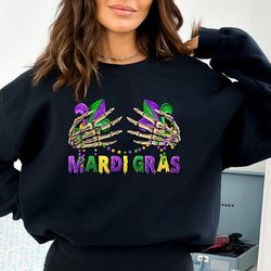 mardi gras skeleton hands shirt, mardi gras shirt, beads shirt, women mardi gras party outfit, funny mardi gras skeleton