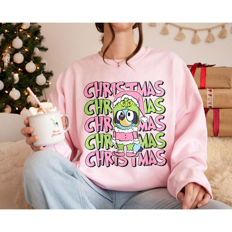 Vintage Bluey Christmas Pink Sweatshirt, Bluey Christmas Sweatshirt, Christmas Pink Sweatshirt, Bluey Grinch Xmas Shirt, Merry Christmas Tee.jpg