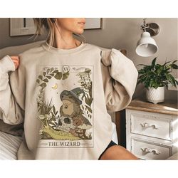 the wizard tarot card sweatshirt, witchy frog shirt, trendy goblincore clothing, cottagecore mushroom tee, tarot lover g