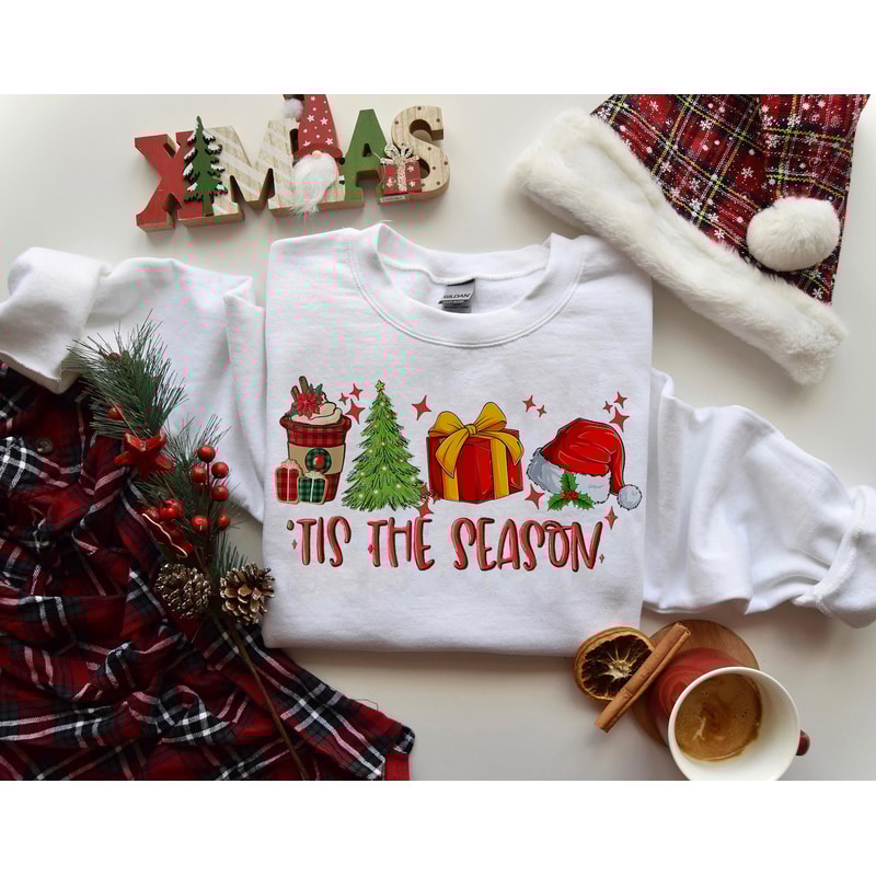 Tis the Season Christmas Sweatshirt, Christmas Coffee Shirt, Funny Christmas Crewneck, Festive Holiday Tshirt, Christmas Sweater, Ugly Xmas.jpg