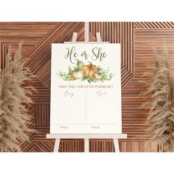 pumpkin gender reveal foam board, boy or girl vote sign, fall gender reveal, pumpkin he or she voting board, our little