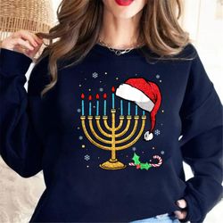 menorah santa hat chanukah hanukkah jewish christmas pajama, menorah hanukkah, jewish chanukah sweatshirt, xmas religiou