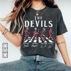 devils walking abbey road signatures ice hockey shirt, jack hughes, luke hughes, vitek vanecek, timo meier, new jersey v