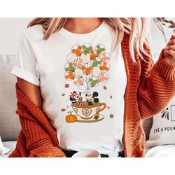 mickey and minnie with fall color balloon tea cup shirt | pumpkin disney autumn t-shirt | disneyland trip tee disneyland