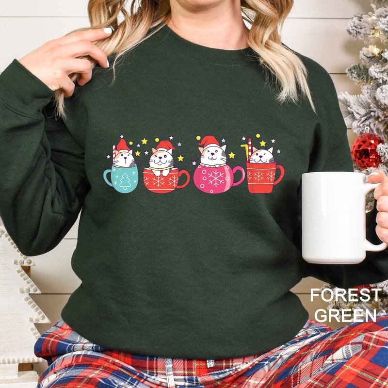 Cute Christmas Cats Sweatshirt, Cats Christmas Sweater, Cats in Cups Christmas Graphic Sweatshirt, Christmas Cats Sweatshirt, Christmas Gift.jpg