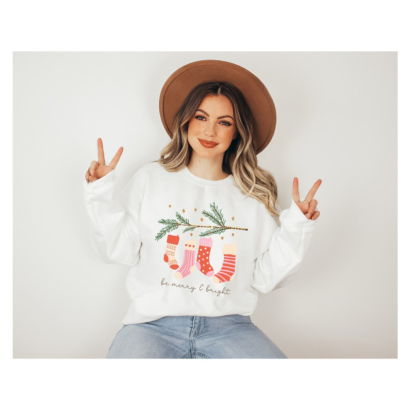 Be Merry and Bright Sweatshirt, Christmas Socks Sweatshirt, Christmas Tree Sweatshirt, Winter Hoodie, Cute Gift For Christmas, Xmas Gift.jpg