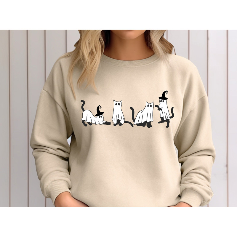 Ghost Cats Sweatshirt, Halloween Sweatshirt, Cute Cats Halloween Hoodie, Ghost Black Cat Long Sleeve Shirt, Spooky Season Ghost Cats Sweater.jpg