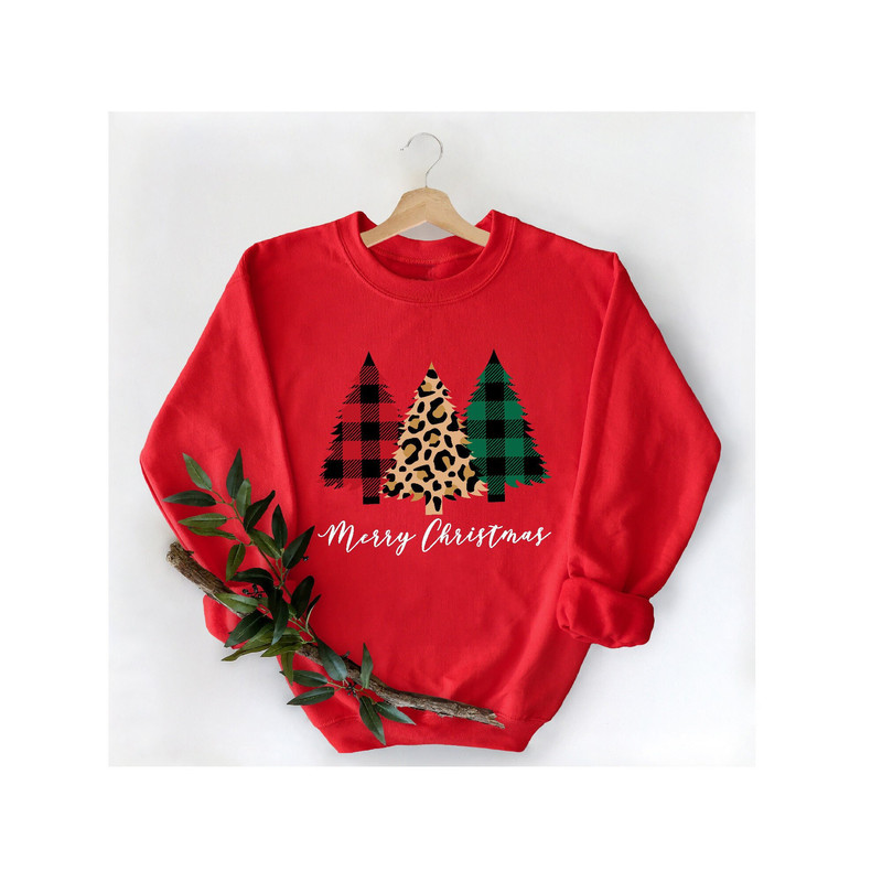 Merry Christmas Plaid Trees Sweatshirt, Christmas Buffalo Plaid Sweatshirt, Christmas Hoodie, Leopard Cheetah Christmas Trees Sweatshirt.jpg