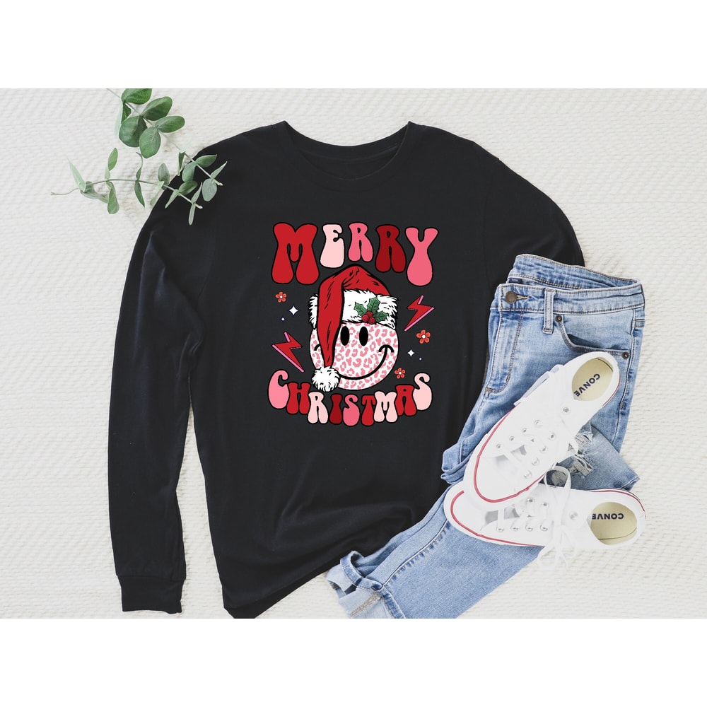 Merry Christmas Sweatshirt, Leopard Smiley Face with Santa Hat Sweatshirt, Christmas Vibes Hoodie, Smiley Face Christmas Winter Sweater.jpg