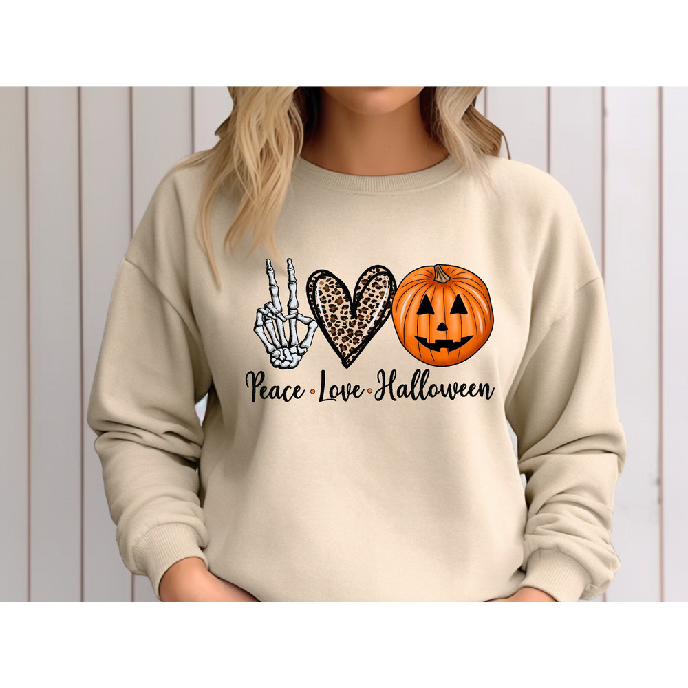 Peace Love Halloween Sweatshirt, Hippie Retro Halloween Sweater, Skeleton Peace Sign, Leopard Heart, Pumpkin Halloween Hoodie,Halloween Gift.jpg