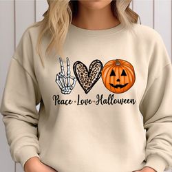 peace love halloween sweatshirt, hippie retro halloween sweater, skeleton peace sign, leopard heart, pumpkin halloween h