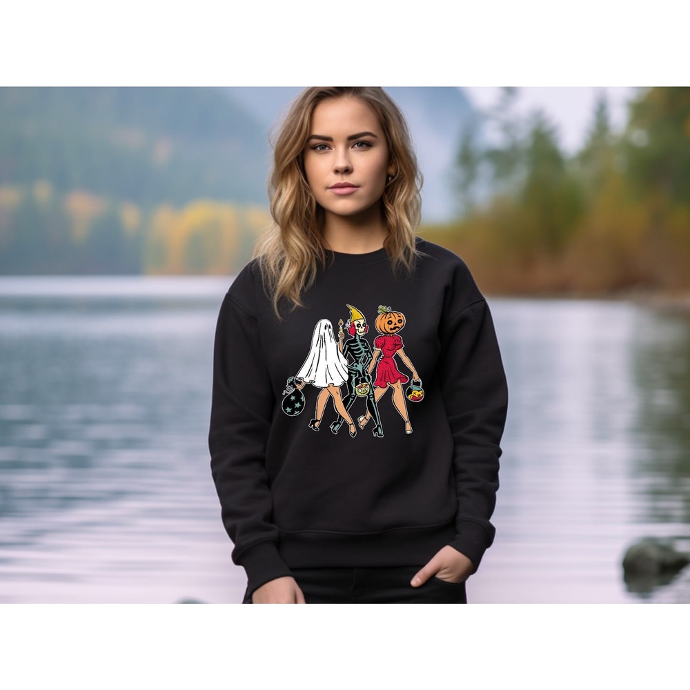 Retro Halloween Ghouls Sweatshirt, Halloween Ghouls, Cute Halloween Sweatshirt, Halloween Gift For Women, Ghost Skeleton Pumpkin Sweater.jpg